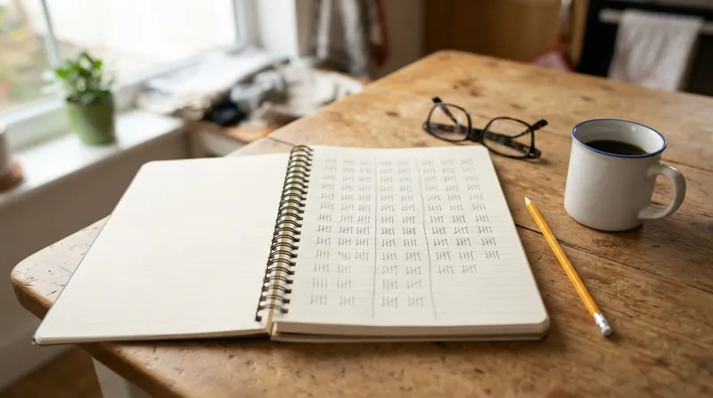 An open spiral notebook on a kitchen table with three hand-ruled columns of pencil tally marks, a pencil and a cup of coffee beside it