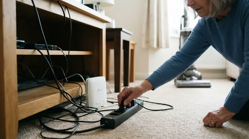 A hand plugging a small white home Wi-Fi router back into a power strip behind a television stand, a vacuum cleaner in the background