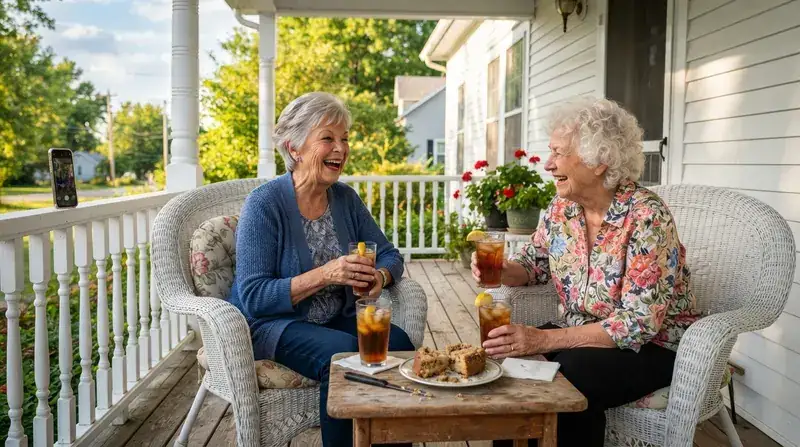 Two older women laughing together on a front porch with glasses of iced tea and a plate of coffee cake on a small table