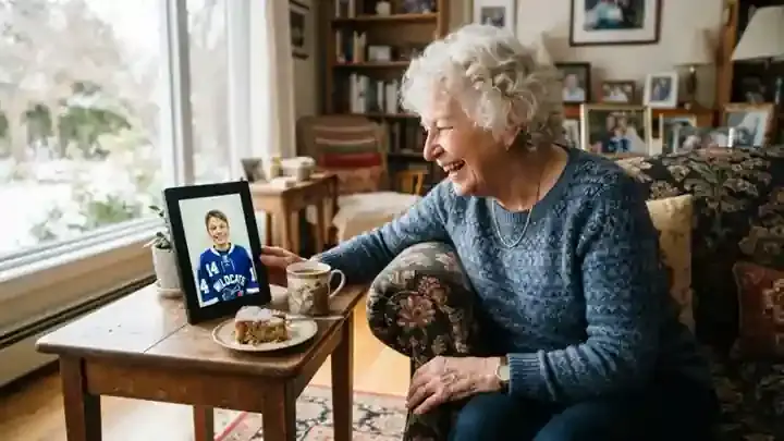 A small black smart frame on a side table showing a video call with a smiling boy in a hockey jersey, an older woman laughing beside it on a sofa